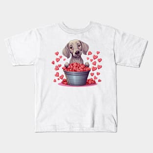 Cartoon Weimaraner Dog in Hearts Basket Kids T-Shirt